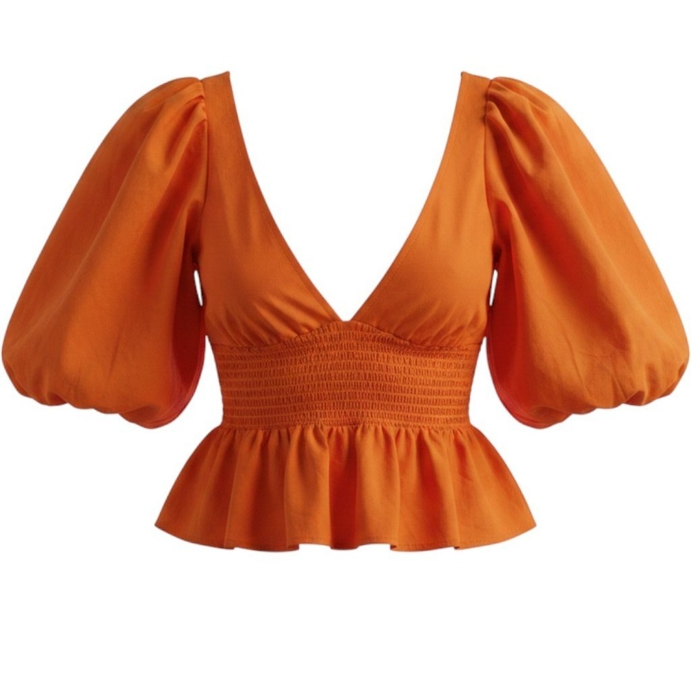 Live 4 Truth Orange Puff Sleeve Smocked Peplum Top V-Neck Blouse Size L